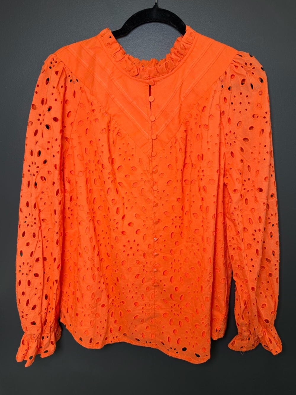 PrettyGarden Eyelet Top NWT‎ Size Large Bright Orange Long Sleeve Ruffle Blouse